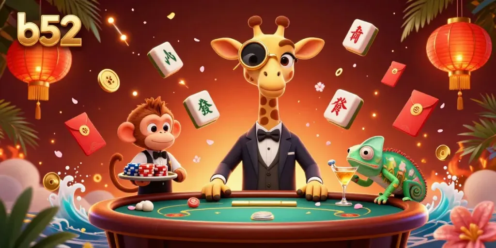 Experience thrilling b52 gaming action with our lavish VIP casino scene featuring a giraffe, monkey, and chameleon.