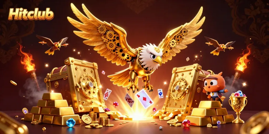 Hitclub's cybernetic eagle showcases a dazzling array of gaming elements and treasures in an exhilarating casino scene.