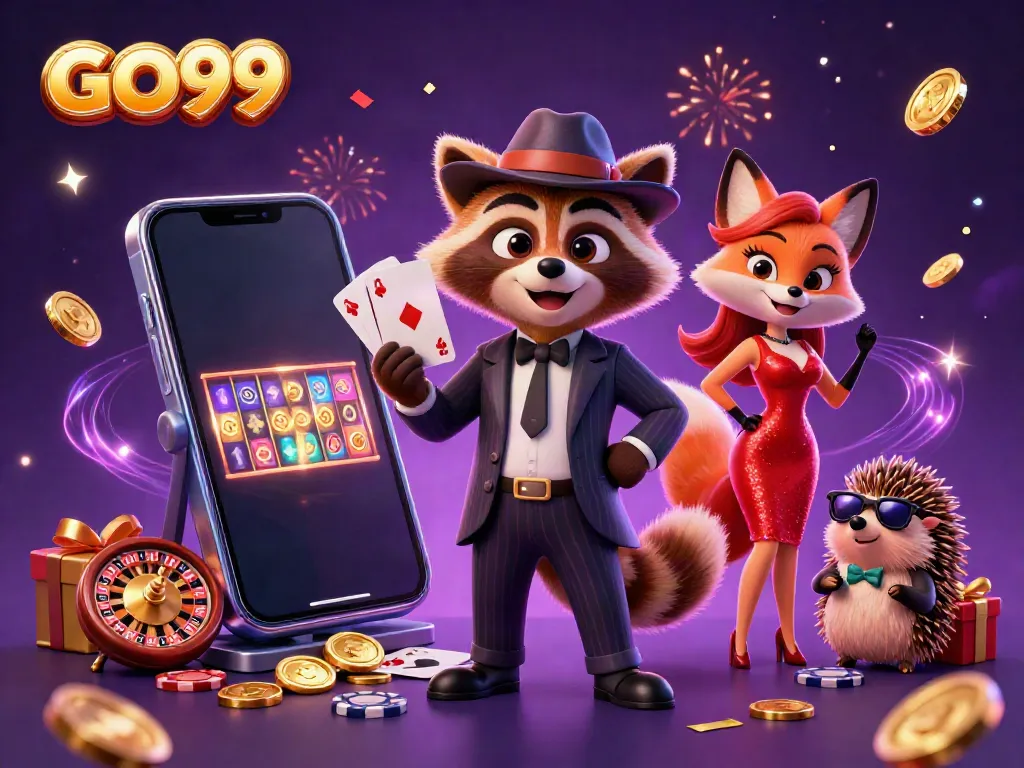 Experience the thrill of GO99 with a suave raccoon, a stylish fox, and a cool hedgehog amid dynamic casino games.