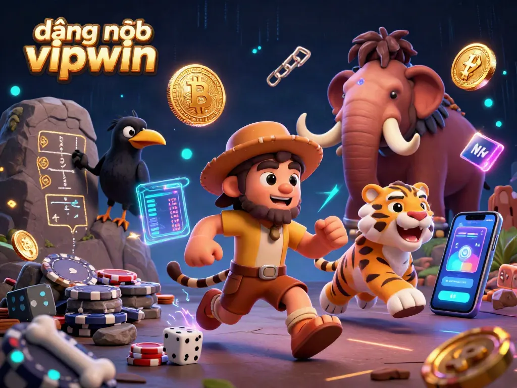 Experience smooth đăng nhập vipwin at a lively prehistoric casino with 3D characters, vibrant gaming elements, and crypto themes.