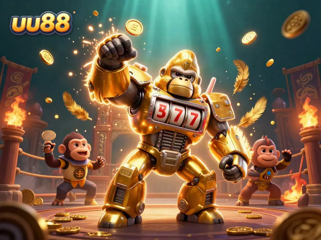 Experience thrilling gambling action with uu88's exciting gaming scene featuring dynamic slot machine gorilla mech.