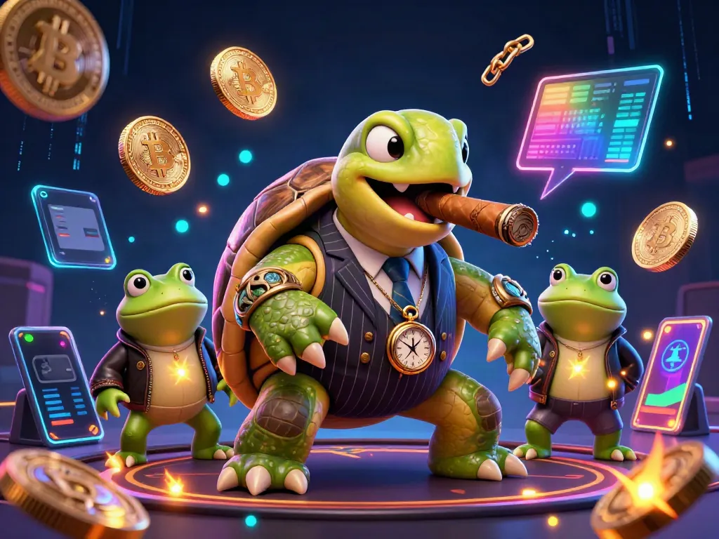 Engage with thrilling gameplay at gamebaidoithuong88 featuring a cartoon turtle in a casino-themed 3D scene, surrounded by crypto coins.
