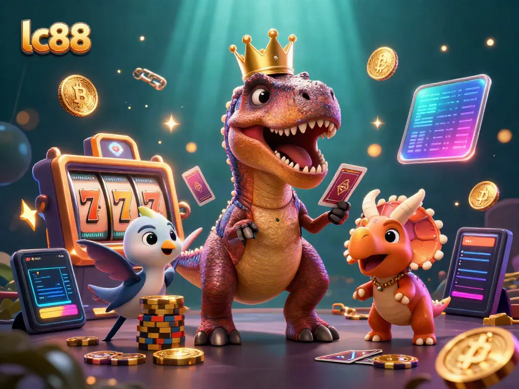 lc88 showcases a vibrant casino scene with a cartoony T-Rex shuffling cards and playful characters stacked with chips.