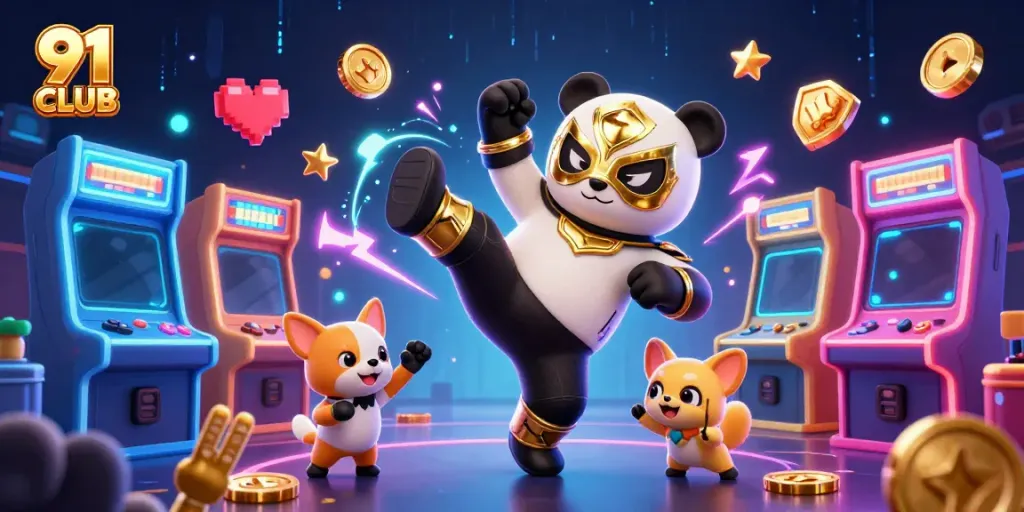 Engage in winning with 91 CLUB's dynamic gaming scene showcasing vibrant characters and exciting casino elements.