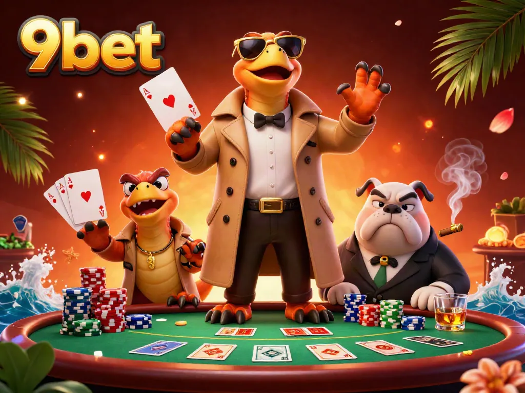 Engage in poker with 9bet, featuring raptors and a bouncer in a colorful casino scene.