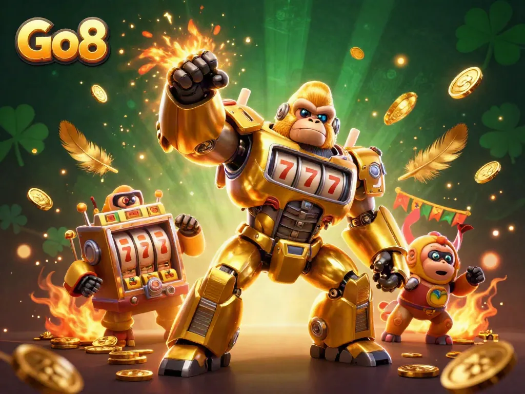 Go8 immersive casino experience, featuring a golden gorilla mech and dynamic gaming elements.