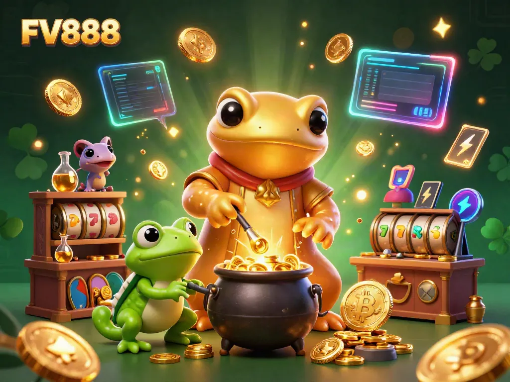 Experience FV888 as golden alchemists create wealth with slot reels and crypto elements in a magical scene.