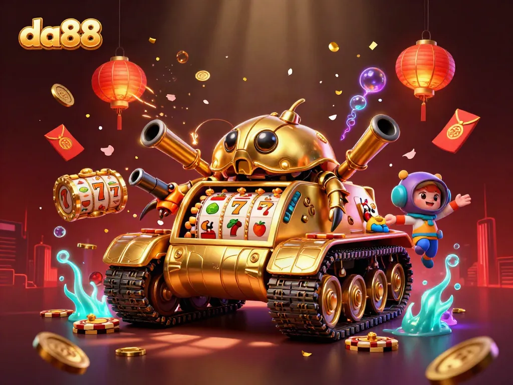 Experience thrilling gameplay at da88 with vibrant visuals of a 3D casino scene inside a golden tank, perfect for gamers.