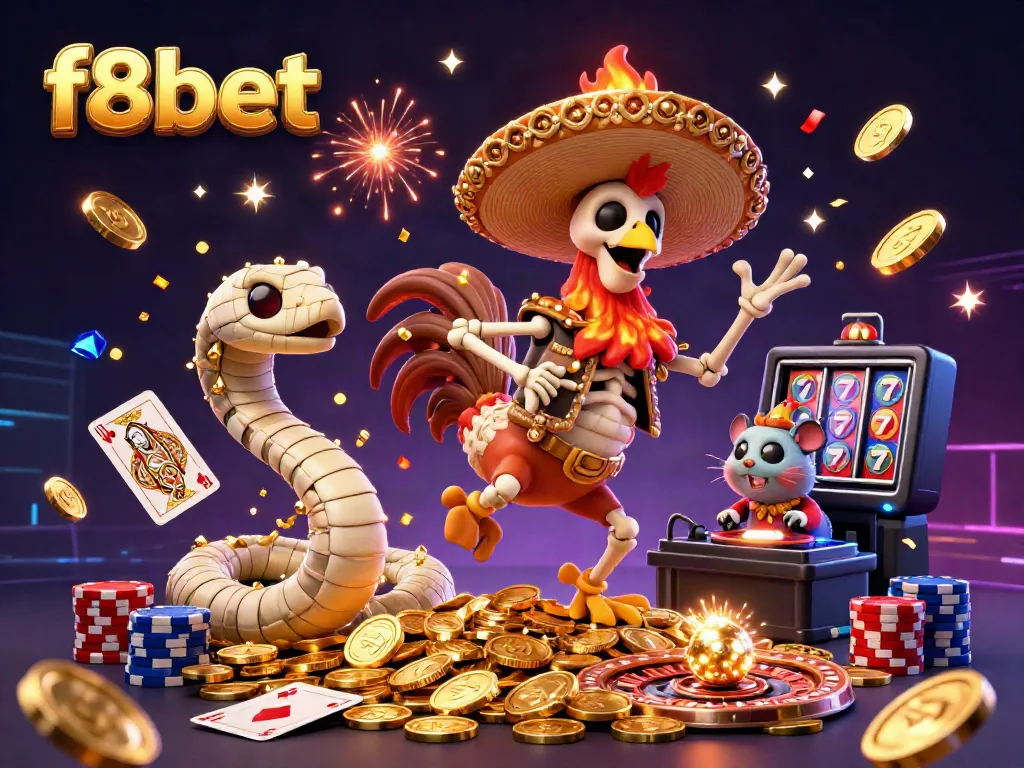 Experience dynamic wins with f8bet in a vibrant casino scene featuring cartoon characters and sparkling winnings.