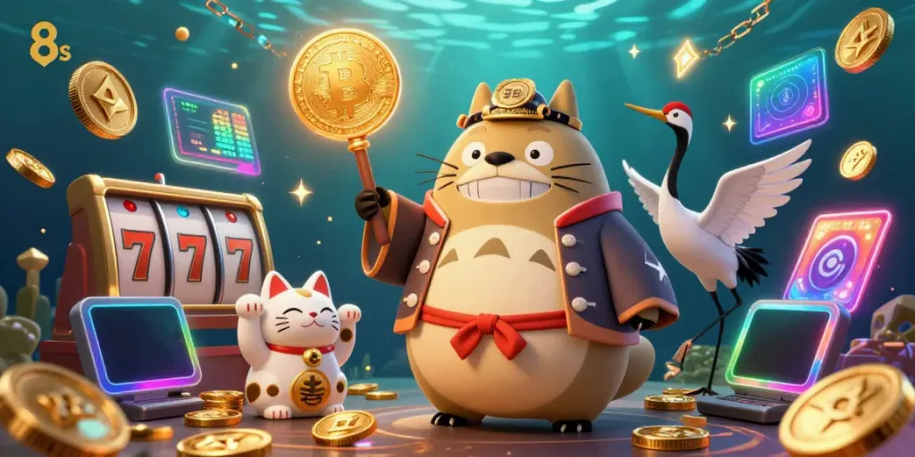 8s showcases a vibrant casino scene featuring a cheerful tanuki with gold coins and crypto elements.