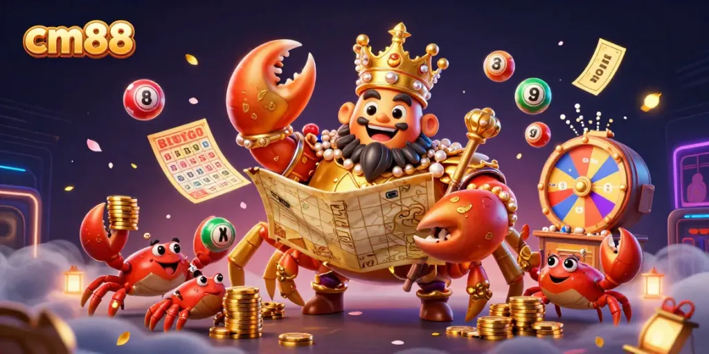 Engage in winning with cm88's vibrant casino atmosphere, featuring a golden crab emperor amidst lottery excitement.