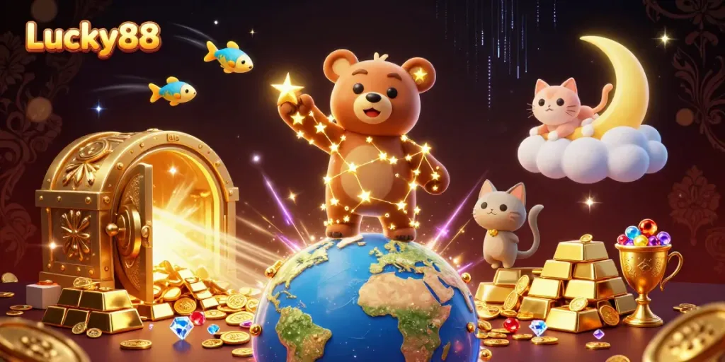Experience thrilling wins with Lucky88's vibrant casino scene featuring golden treasures.