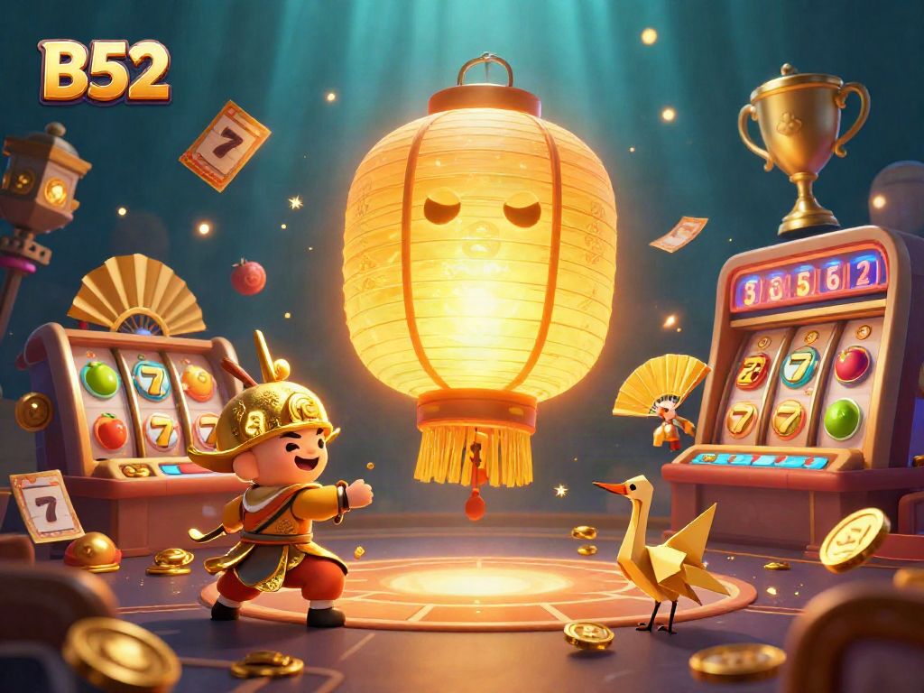 B52 casino players enjoy exciting slot games with vibrant graphics and golden elements.