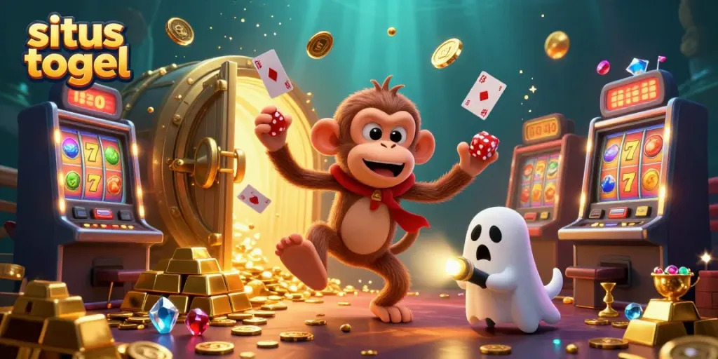 Engaging scene showcasing situs togel with a mischievous poltergeist monkey and ghost-hunter puppy amidst slot machines and treasures.