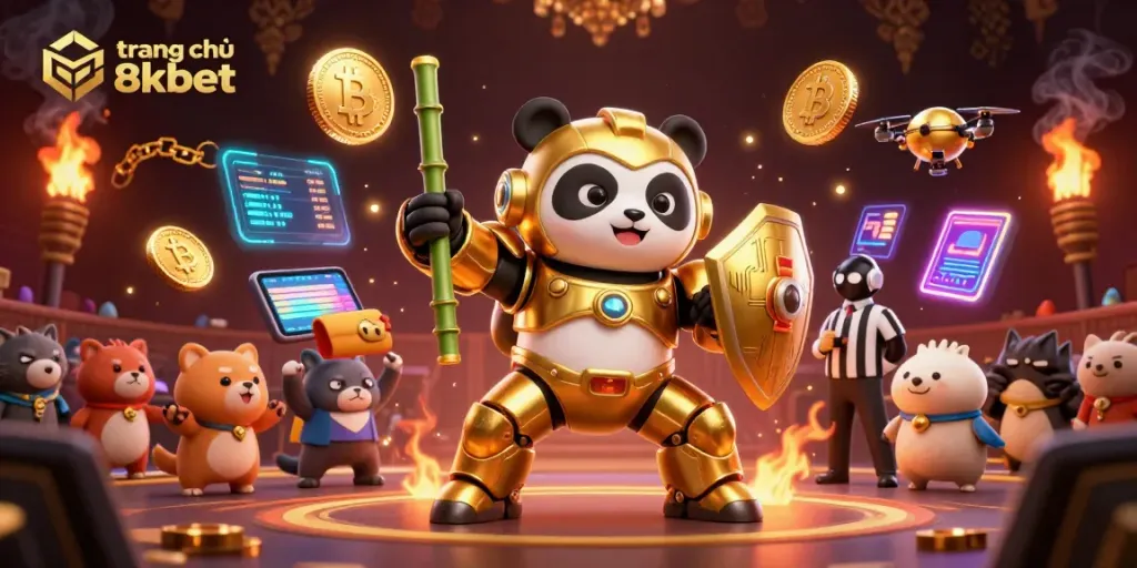 Engage with the vibrant action on trang chủ 8xbet featuring a panda-themed mech battling in an animated arena.