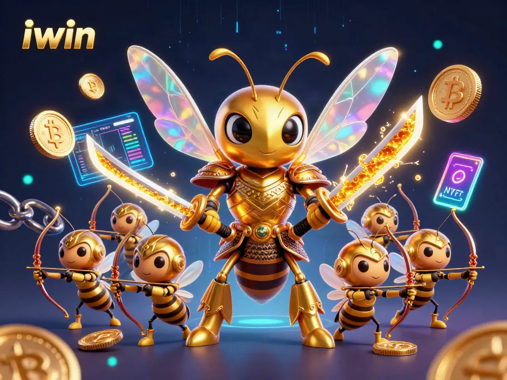 Play exciting casino games with iwin's vibrant characters and crypto elements in this dynamic illustration.