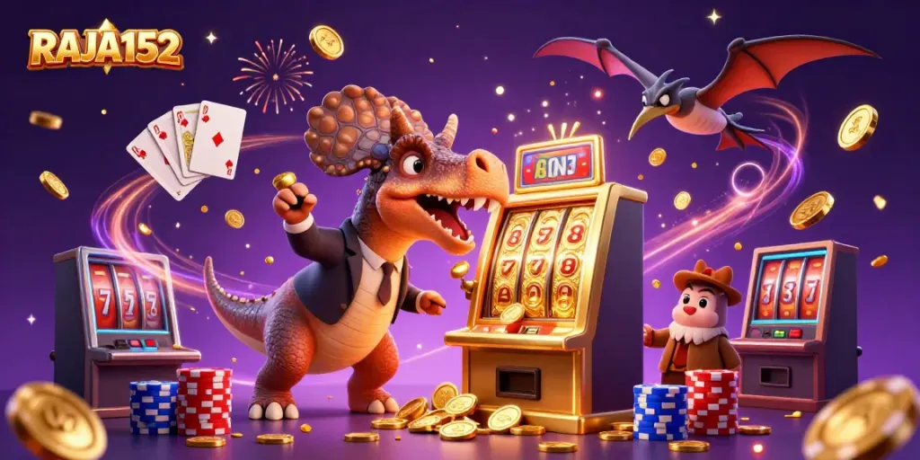 RAJA152 slot machine illustration with dinosaurs celebrating a jackpot win, vibrant casino atmosphere.