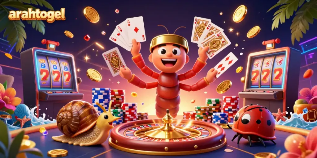 Experience intense action with arahtogel's vibrant gaming scene featuring a whimsical dealer and high-roller characters.
