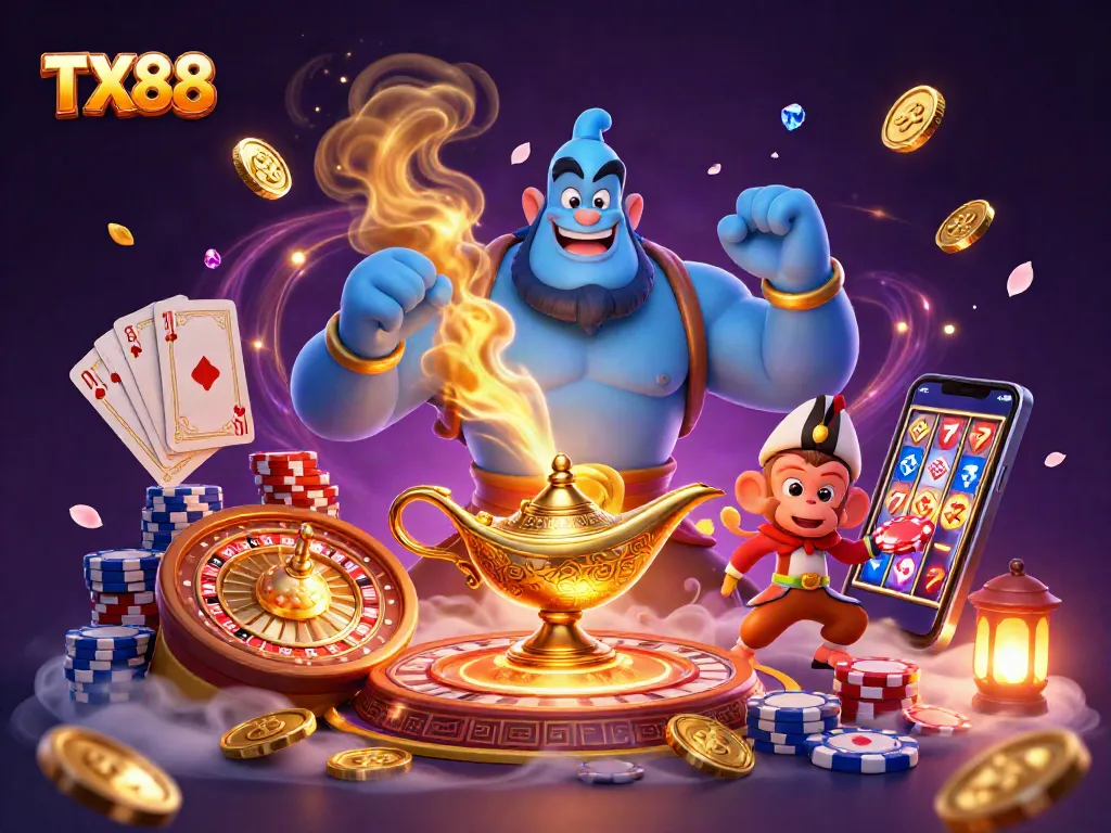 Win big with TX88 in an exhilarating casino scene featuring vibrant characters and dynamic gaming elements.