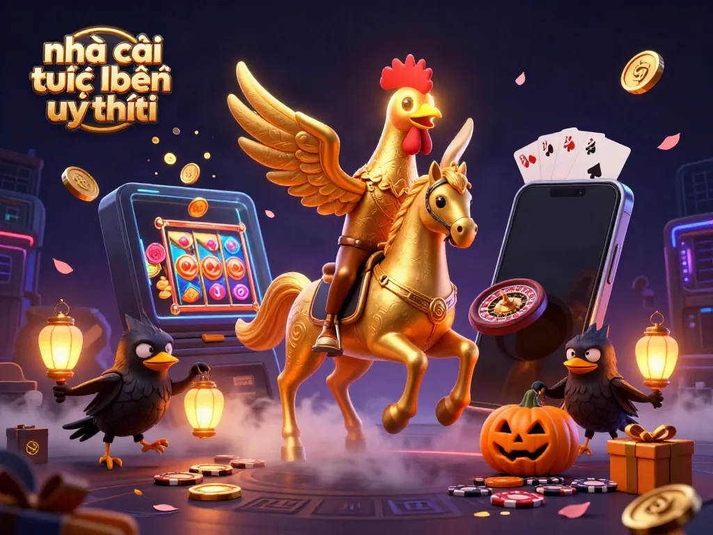 Experience the excitement of nhà cái trực tuyến uy tín with a vibrant casino scene featuring a golden rooster and gaming elements.