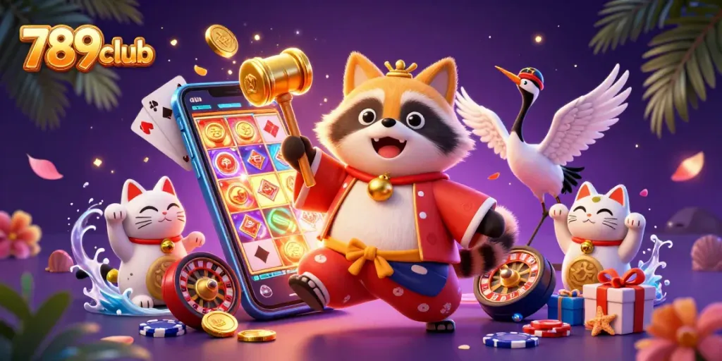 Feel the excitement of winning at 789club with vibrant symbols and characters celebrating casino gaming.