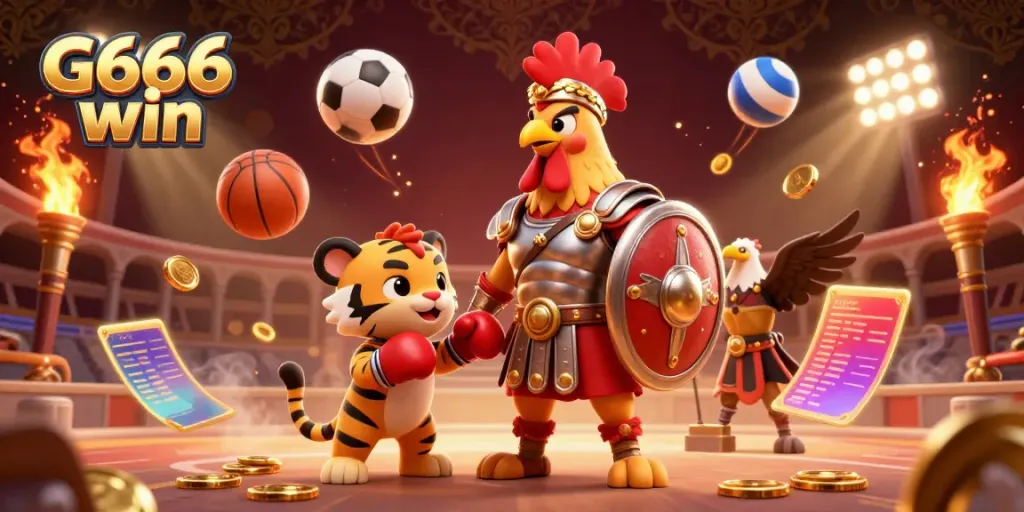 Experience the thrill of G666 win with a vibrant 3D cartoon scene showcasing a gladiator rooster and sports elements.