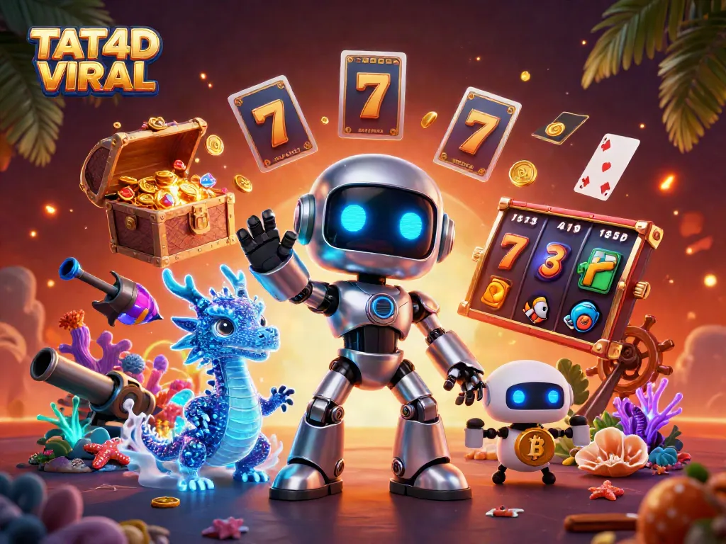 TAT4D VIRAL showcases a vibrant 3D casino scene featuring a futuristic robot and dragon, surrounded by slot elements.