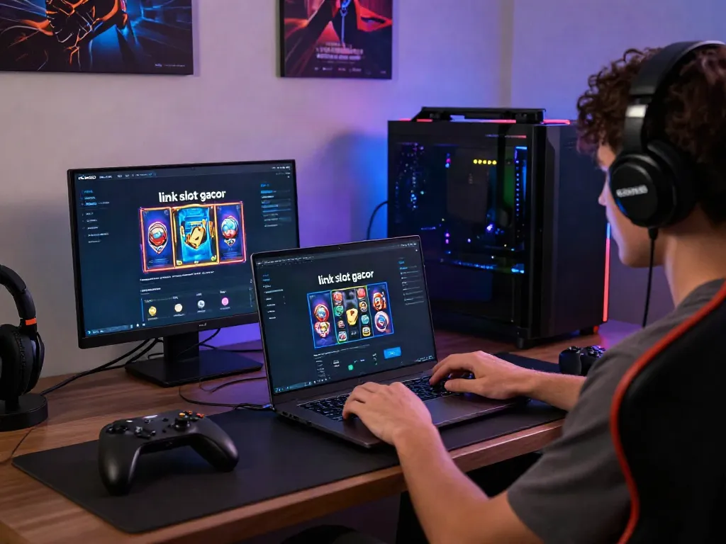 Engaging gaming scene with link slot gacor displayed on a modern laptop amidst vibrant gaming paraphernalia.