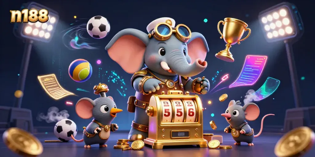 Win big at n188 with a thrilling 3D illustration of slot machines and dynamic gambling elements.