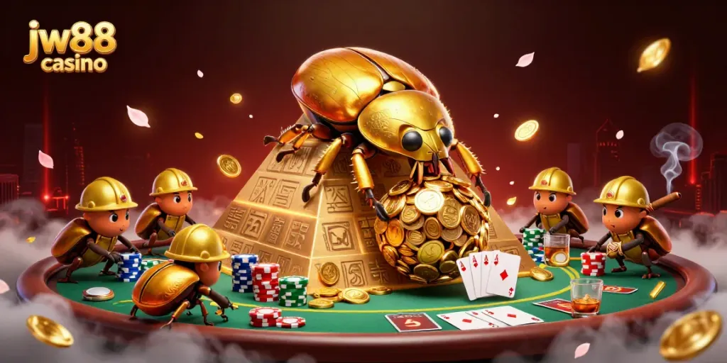 Experience the excitement of jw88 casino as golden beetles roll coins amidst vibrant gambling elements.