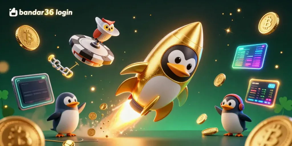 Menangkan pengalaman slot gacor di bandar36 login dengan karakter kartun penguin emas terbang dalam ruang.