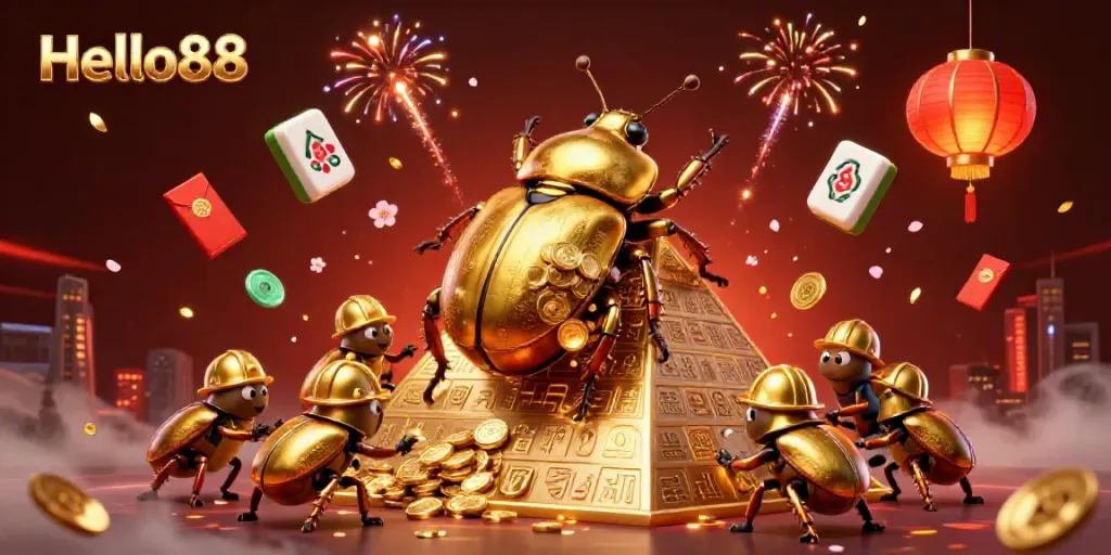 Engage in thrilling gameplay at Hello88 Casino with a vibrant 3D scene of lucky symbols and joyful elements.