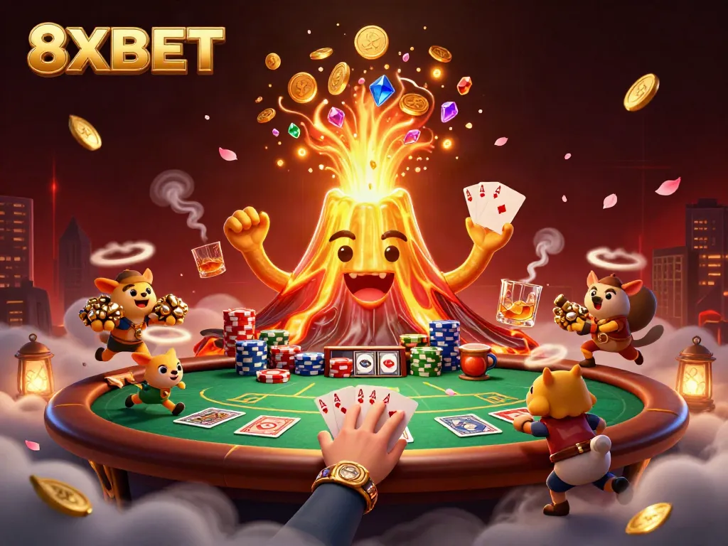 Experience the thrill of 8XBET casino gaming surrounded by vibrant treasures and poker elements.