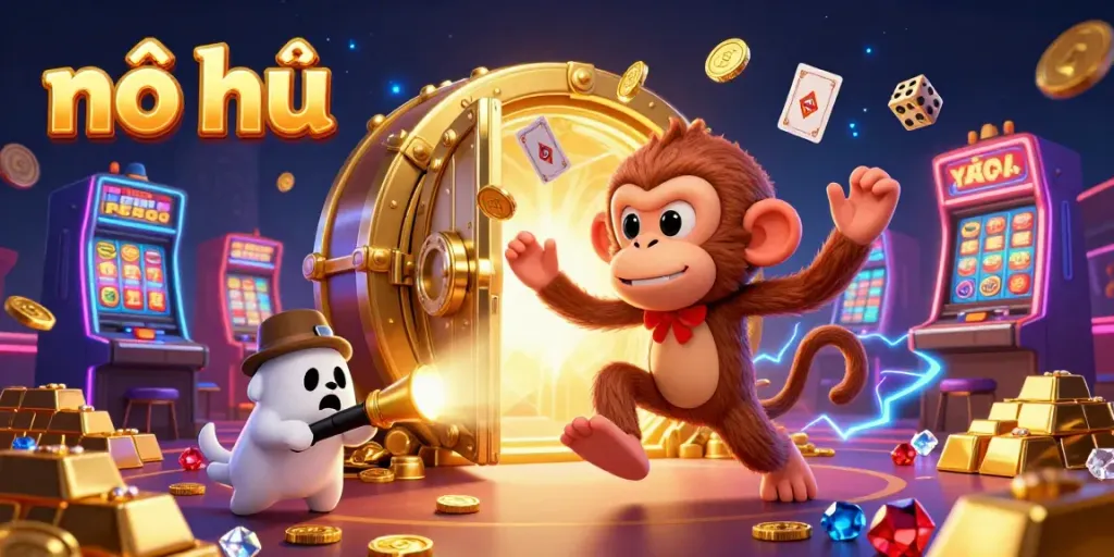 Experience the thrill of nổ hũ with a playful poltergeist monkey juggling gold and a curious puppy in a vibrant casino scene.