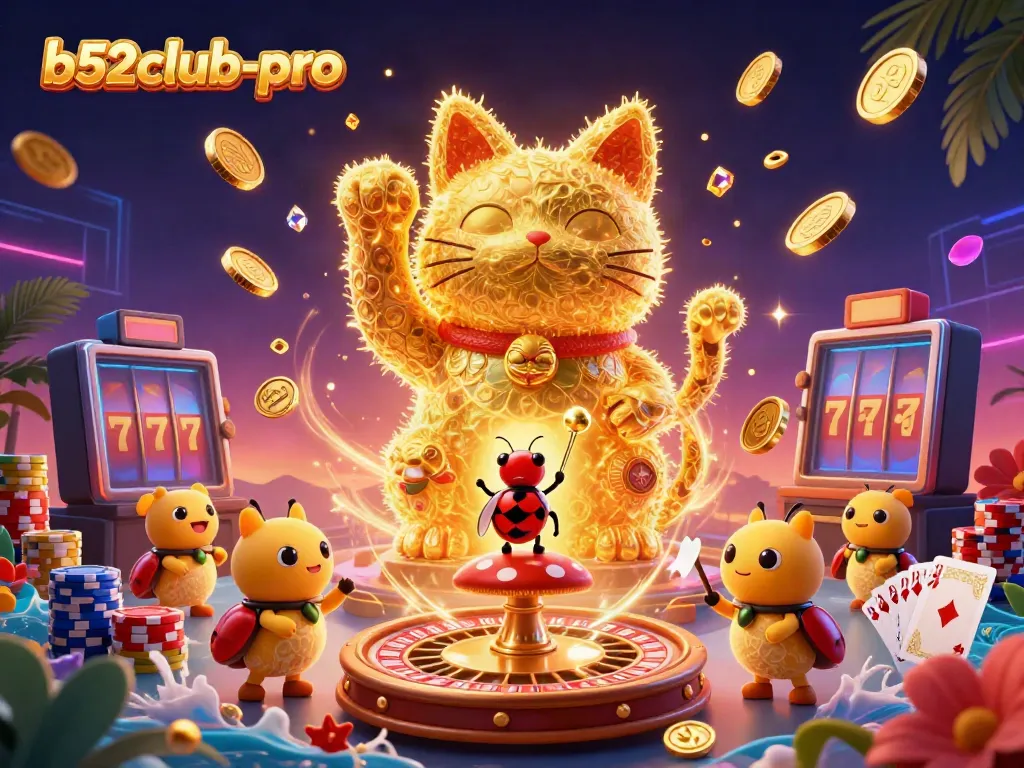 Experience the thrill of b52club-pro with a dynamic illustration of a lucky cat and casino symbols.