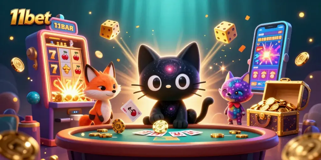 Experience 11bet's vibrant casino atmosphere with dynamic games and thrilling jackpots cascading in an illustrative scene.