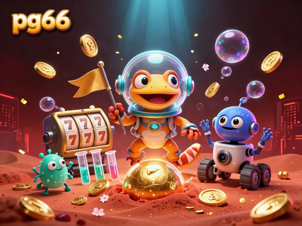 Experience the thrill of pg66 in this dynamic casino scene featuring a Martian gecko and rich game elements.