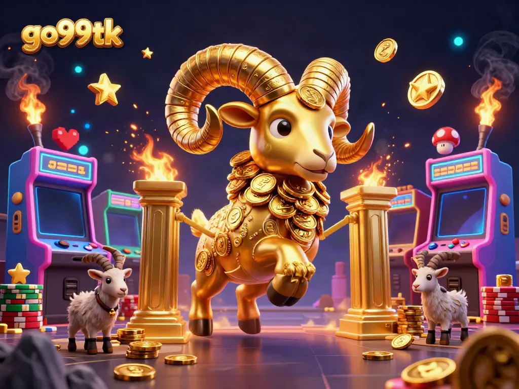 Engage in exciting gameplay at go99tk with a golden ram charging through a vibrant casino scene.