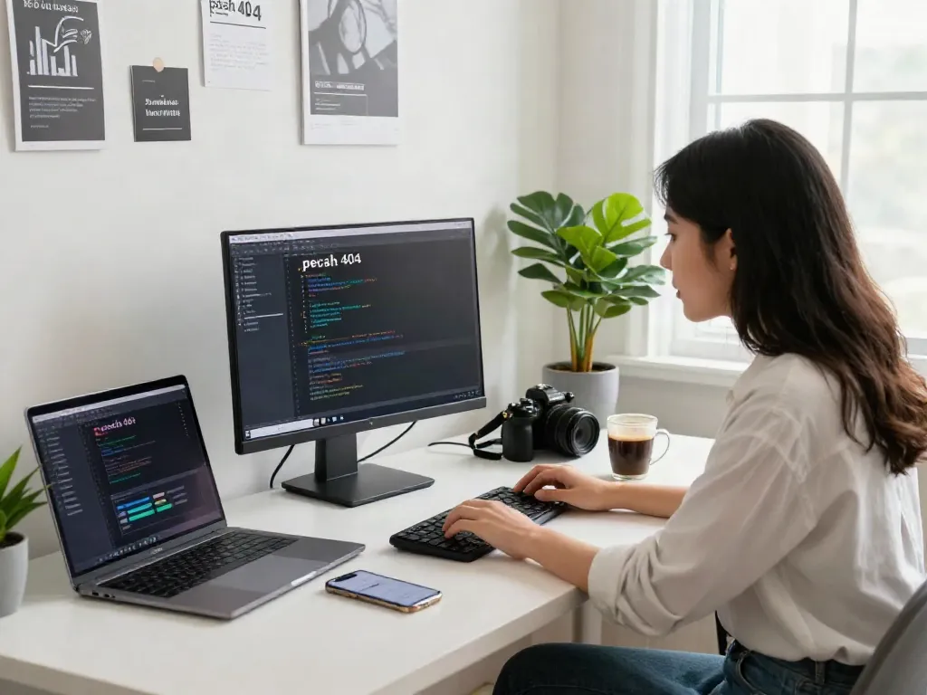 Developer resolving a pecah 404 error in a modern workspace with coding tools.