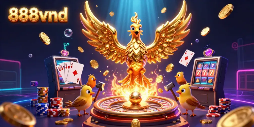 Experience the thrill of 888vnd with golden phoenix and casino elements in a vibrant scene.