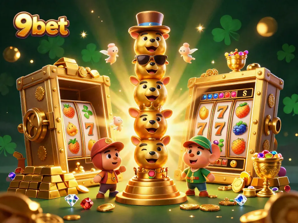 Exciting scene of 9bet casino elements with a totem pole and treasures, illustrating jackpot fun.