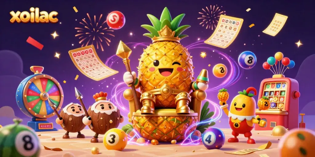 Xoilac casino scene featuring a golden pineapple king, colorful lottery balls, and festive elements.