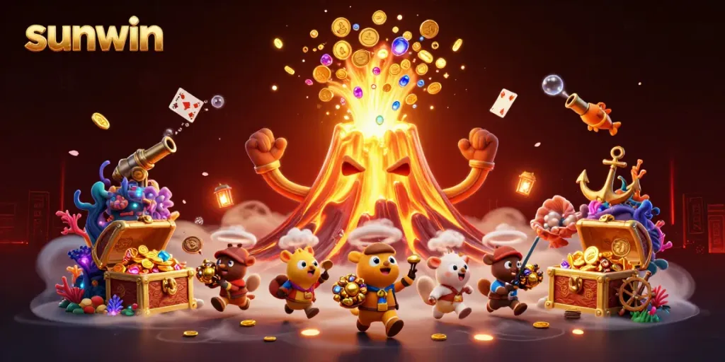 Win big with sunwin in this vibrant 3D casino-themed adventure illustration!