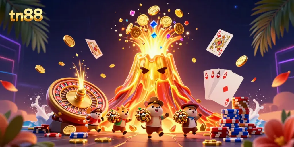 Experience tn88's thrilling casino adventure with a triumphant golden volcano, coins, and poker elements.
