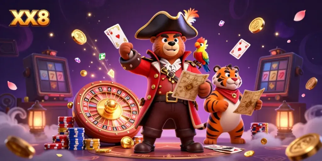 Engage in thrilling casino adventures with the vibrant XX 8 characters amidst dazzling gambling elements.