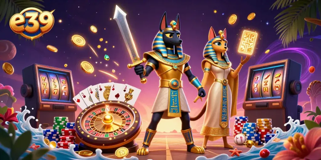 Experience the excitement of e39 with ancient warriors and casino elements in an immersive casino scene.