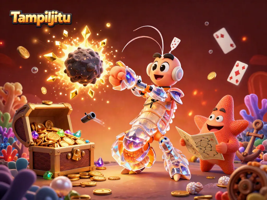 Tampiljitu showcases a vibrant scene with a galactic shrimp and a starfish amidst gold coins and treasure, encapsulating the essence of online gaming excitement.