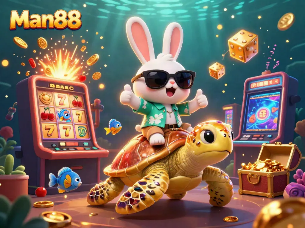 Man88 offers thrilling casino action with a cartoon rabbit and turtle celebrating jackpots!