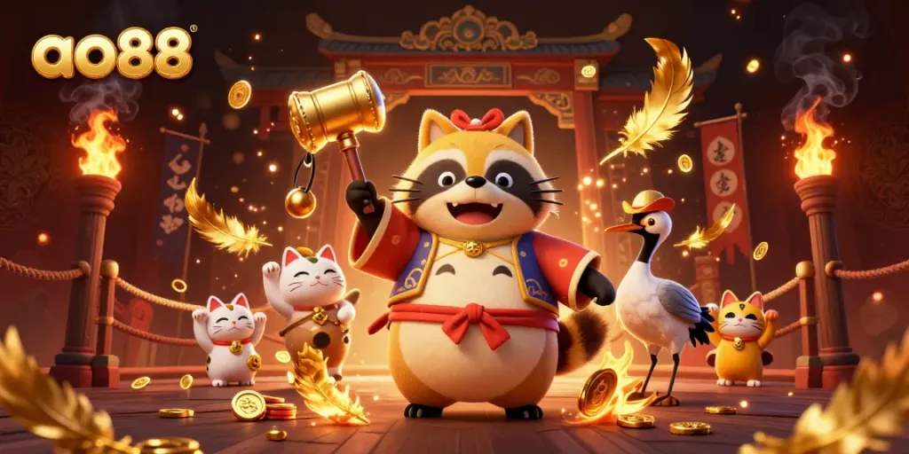 Experience thrilling gameplay at ao88 with a cheerful tanuki celebrating in a vibrant casino setting.