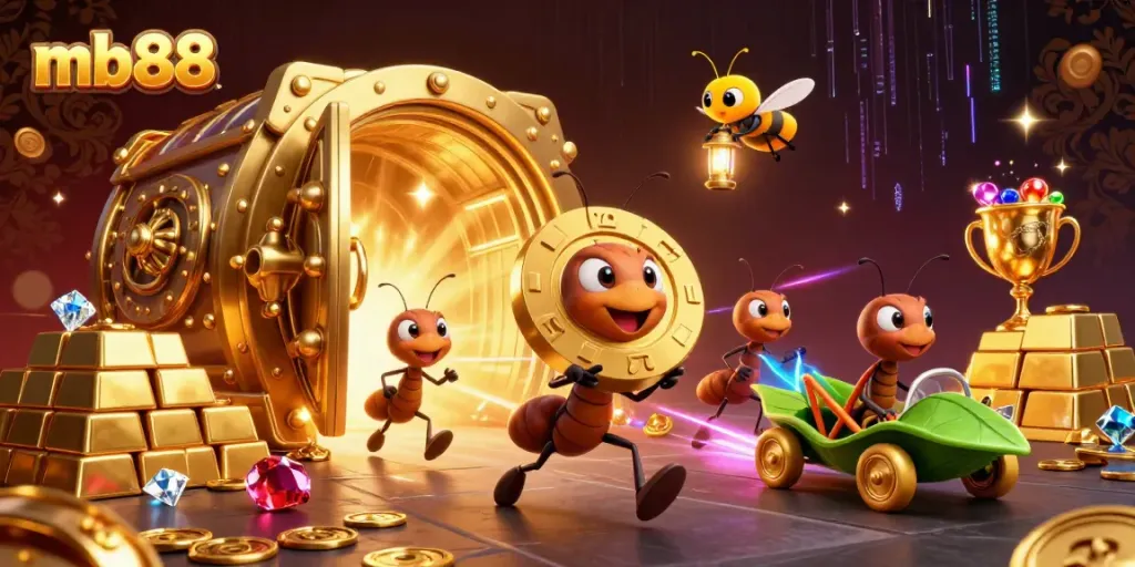 Experience the excitement of mb88 with 3D ants on a heist for golden poker chips, vibrant visuals.